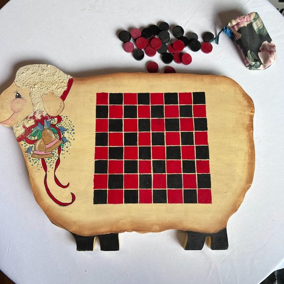 Vintage Sheep Shape Wood Checkerboard Folk Art Game Set 16" x 11" 1993 - Picture 2 of 9